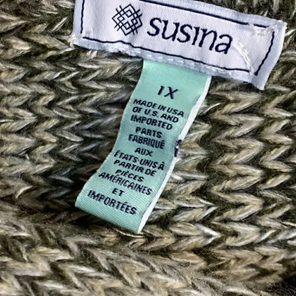 NWT SUSINA Olive green/white knit Deep V-Neck Strap Back Sweater Size 1X